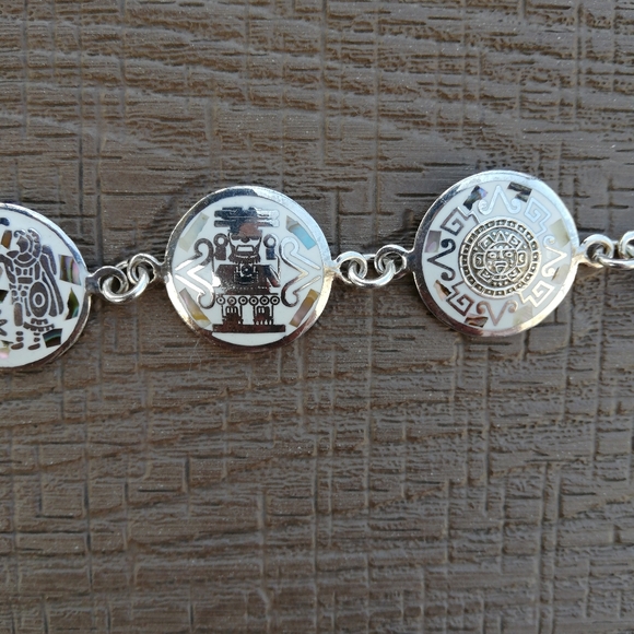 🌱 Native Bracelet-Mayan Symbols Abalone Inlay MEXICO Silver-Vintage - Picture 5 of 17